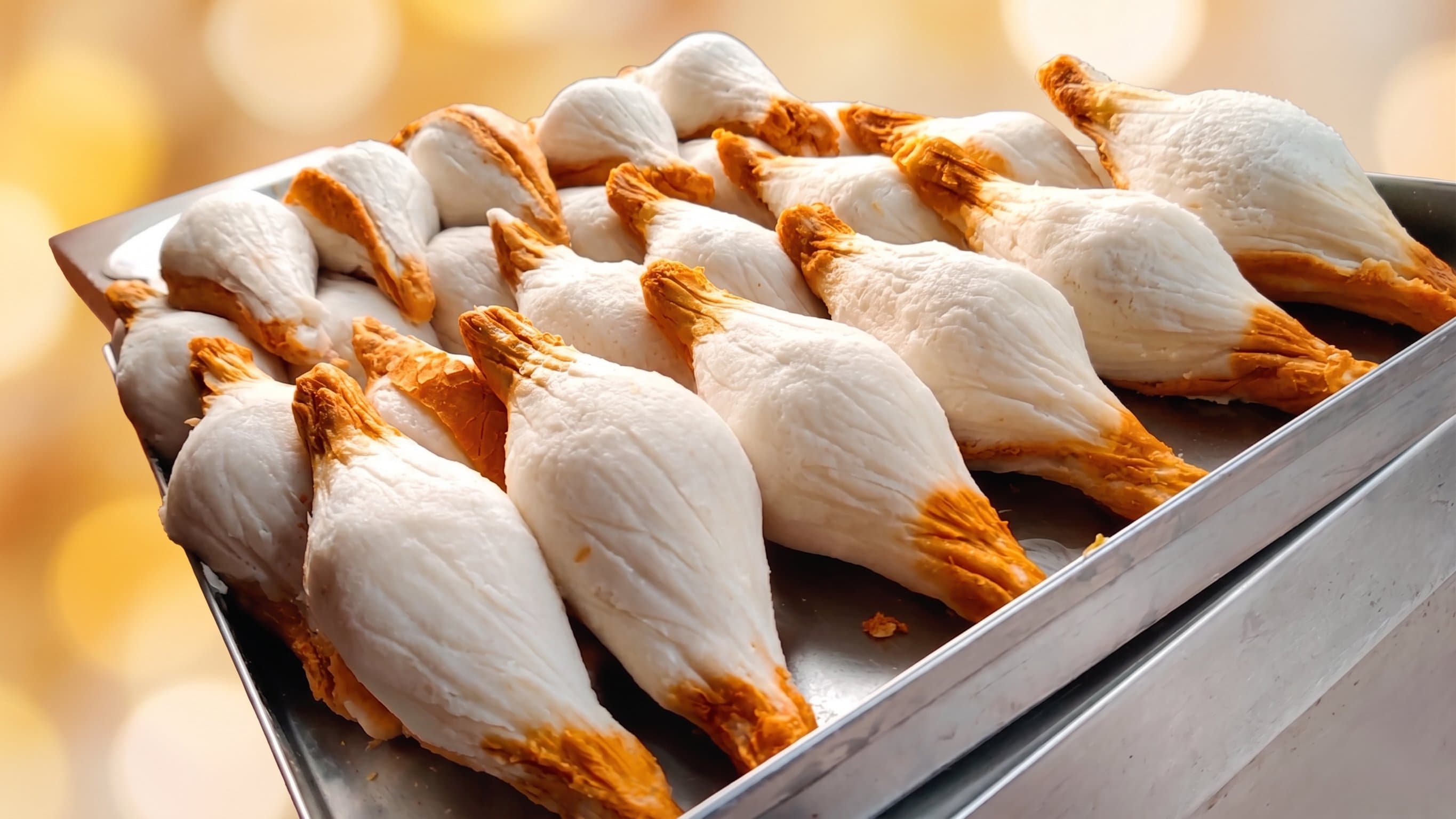 Hand-shaped raw sholay cones on a tray before frying